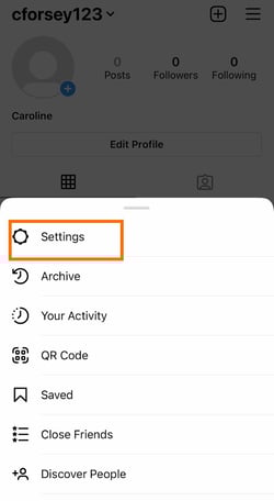 Click on Settings in the slide-up navigation bar that appears on the Instagram app