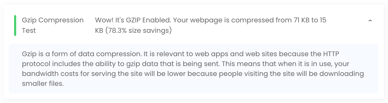 the results from a GZIP compression check tool