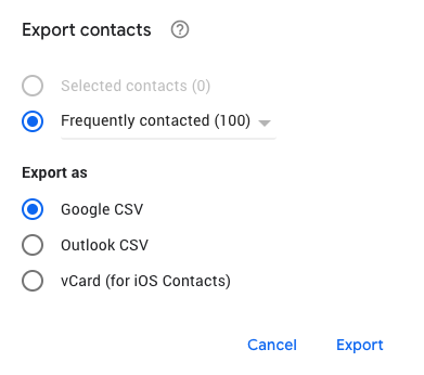 Google Contacts menu showing the options available for exporting contacts