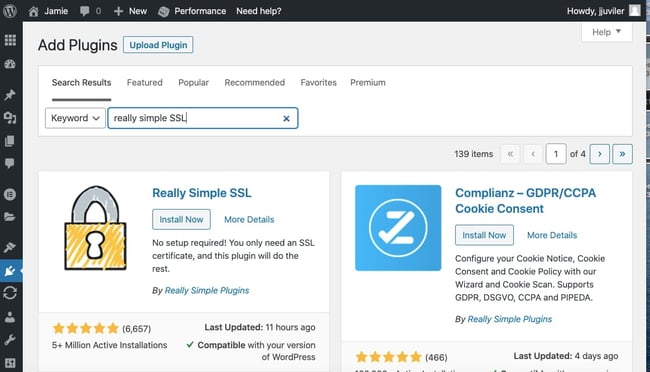 Install and activate Really Simple SSL plugin in WordPress dashboard