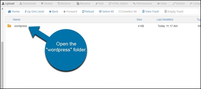 Click wordpress folder in hosting account's control panel to begin process of forcing HTTPs in WordPress