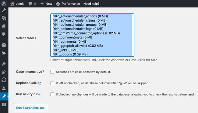 Select all database tables in Better Search Replace plugin settings page to force HTTPS in WordPress dashboard