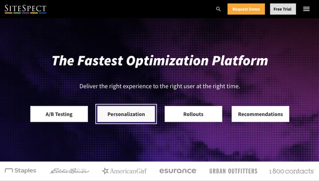 Sitspect homepage with a dark purple background that gives the user options to A/B test, personalize, rollout, or recommend new products to their visitors.