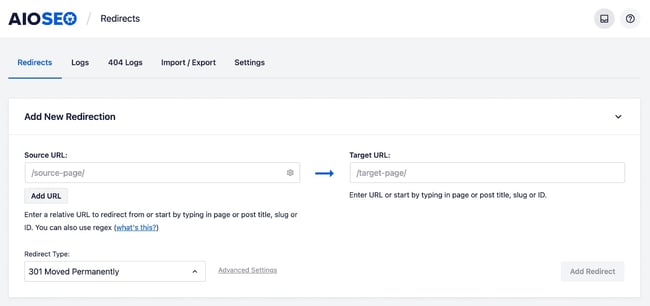 main redirect page in the wordpress redirect plugin all in one seo