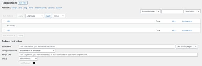 main redirects page for the wordpress redirect plugin redirection