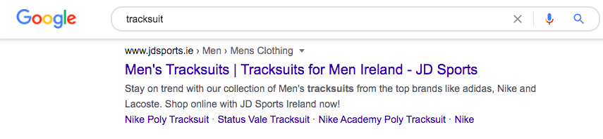 JD Sports ranks on first page of English SERP for "tracksuit"