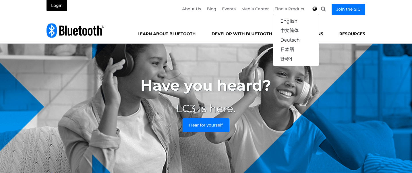 Bluetooth homepage offers visitors five language options