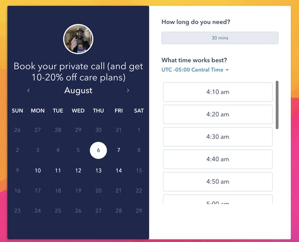 Image showing calendar view of WP Buffs' meetings scheduler with a list of available times