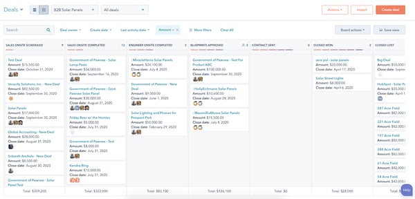 A snapshot of HubSpot's Deals workspace with a column for each step in the pipeline