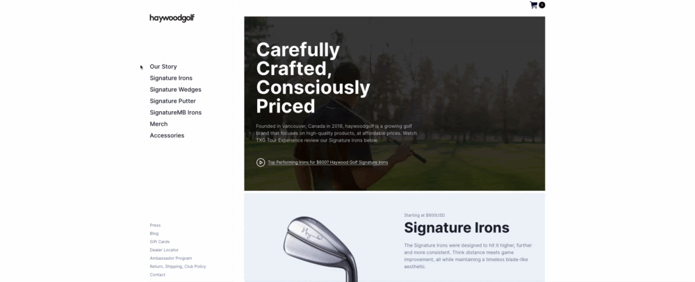 a golfing company website with primary and secondary navigation