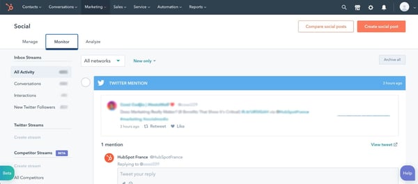 social media checklist: hubspot social media monitoring tool