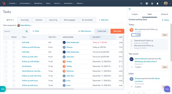 Live activity feed panel on right of Tasks app dashboard