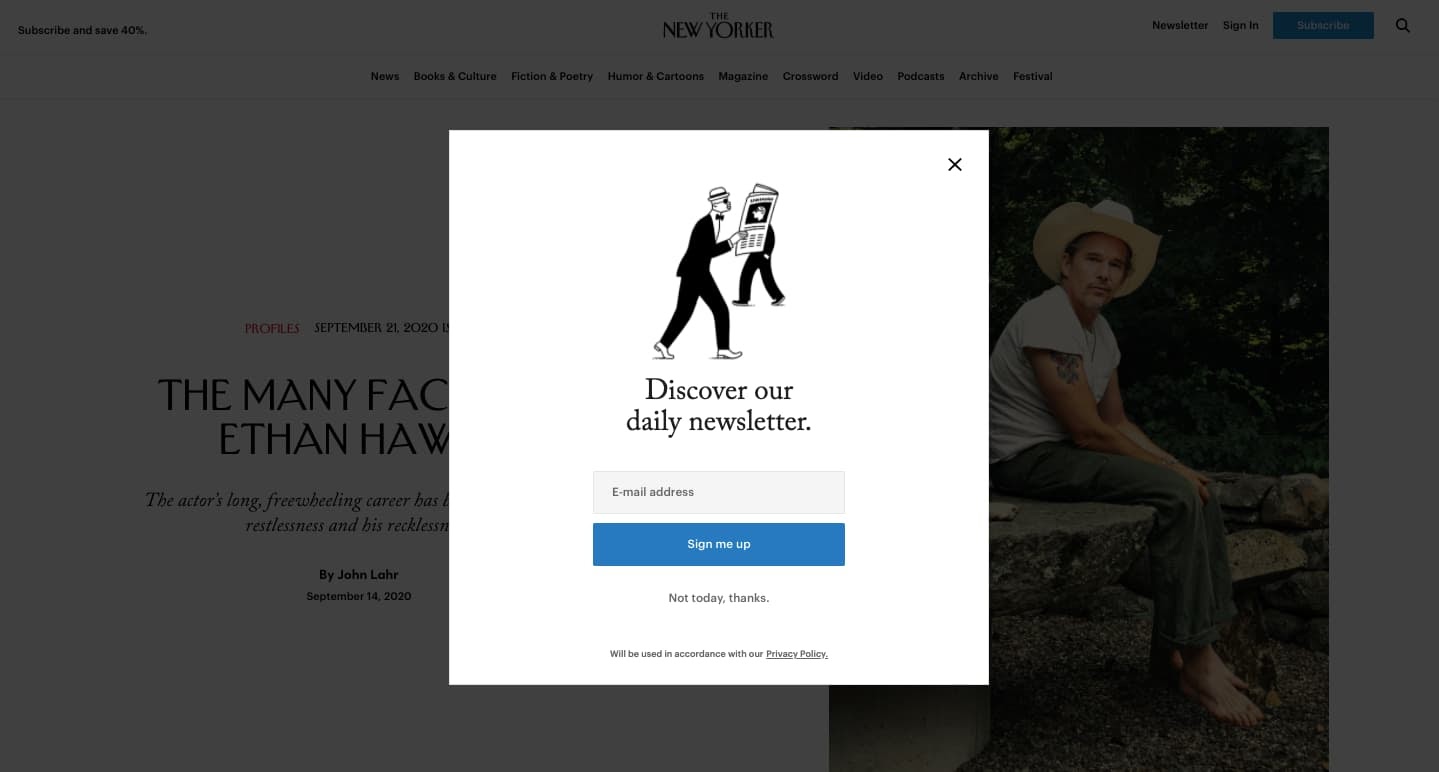Newletter signup lightbox on The New Yorker