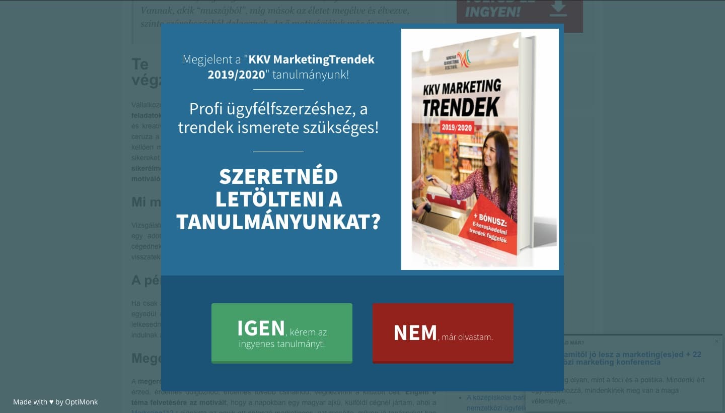 Lightbox popup offering content upgrade on Marketing 112 in Hungarian