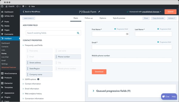 Creating HubSpot form in WordPress dashboard thanks to HubSpot WordPress plugin