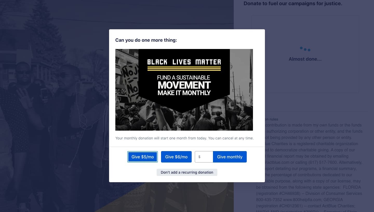 Black Lives Matter uses a lightbox popup to ask one-time donors to make it monthly