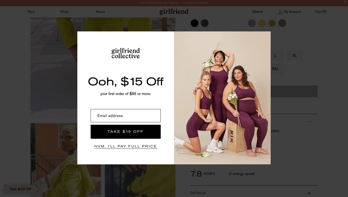 Lightbox popup offering coupon on Girlfriend Collective