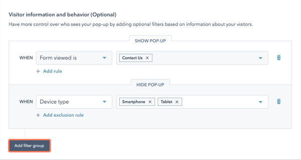 Setting triggers for popups based on visitor information and device in HubSpot's popup tool