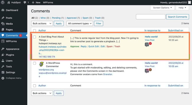 a wordpress pingback shown in the wordpress dashboard