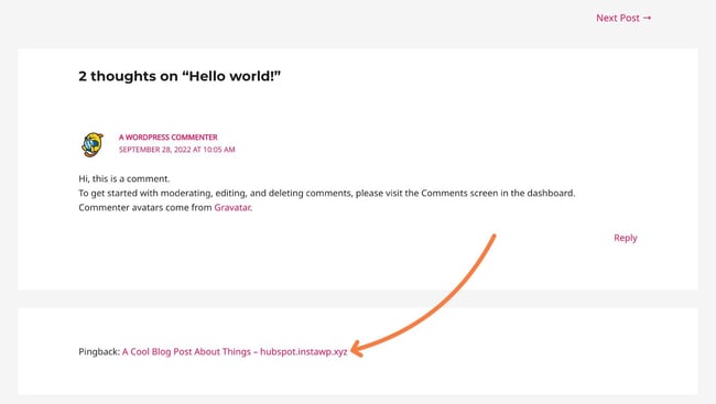 a pingback shown in the astra wordpress theme