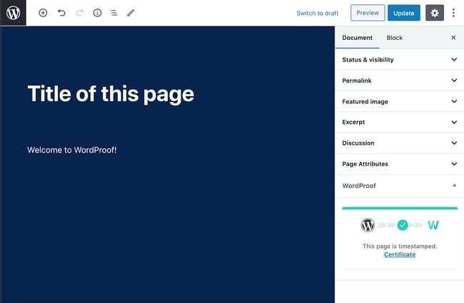 ページにタイムスタンプが付加されているというメモとWordProof Timestampプラグインによって作成された証明書へのリンクが記載された記事の、Gutenbergエディターでの表示