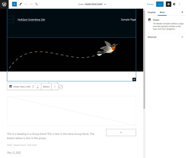 default homepage template in Gutenberg editor