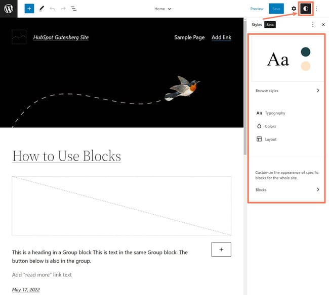 Individual block settings displayed in sidebar of Gutenberg editor 