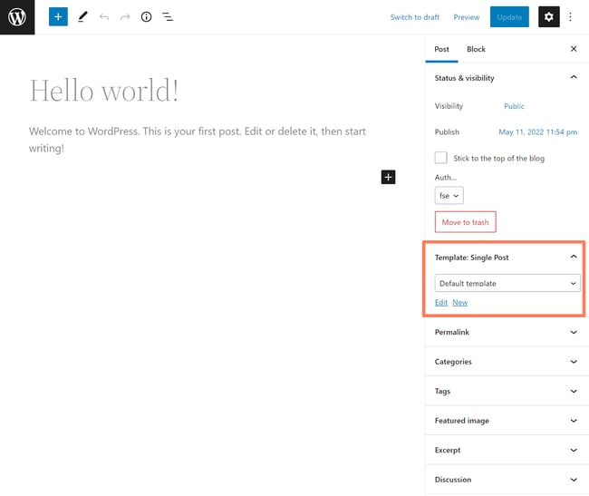 Default template selected in Template Single Post dropdown menu in Gutenberg editor