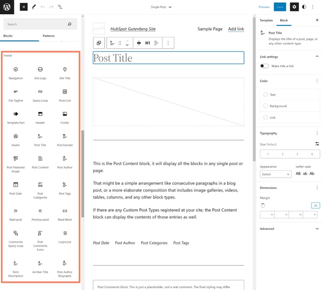 Theme blocks displayed in sidebar for customizing single page template