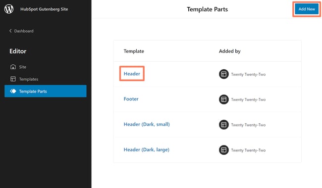 Adding new template part in Gutenberg editor