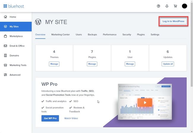 Bluehost WordPress login