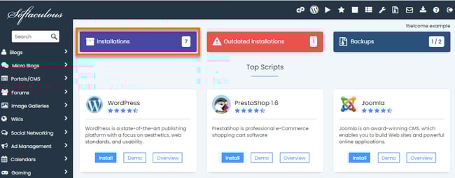 WordPress login: Softaculous dashboard