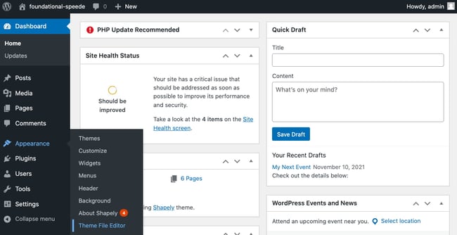 wordpress icons: Clicking theme file editor in WordPress dashboard