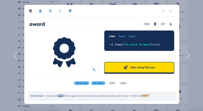 wordpress icons: HTML snippet for award icon in Font Awesome Library