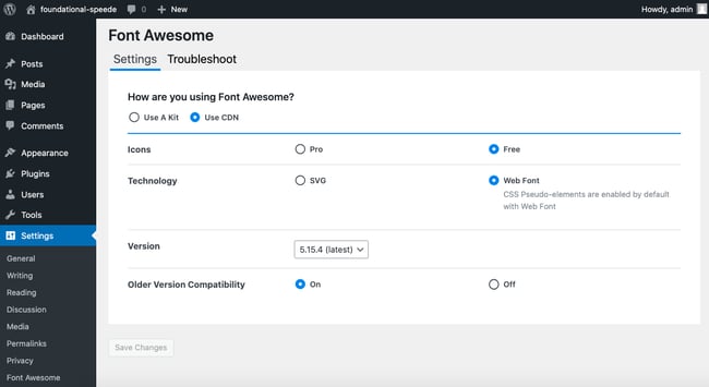 wordpress icons: Font Awesome plugin default settings