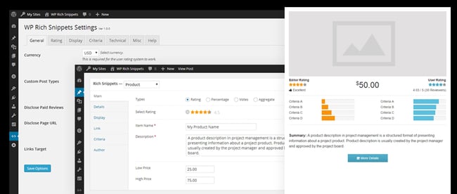 screenshots of the affilaite marketing wordpress plugin wp rich snippets