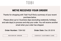 Email confirmation example from Tobi
