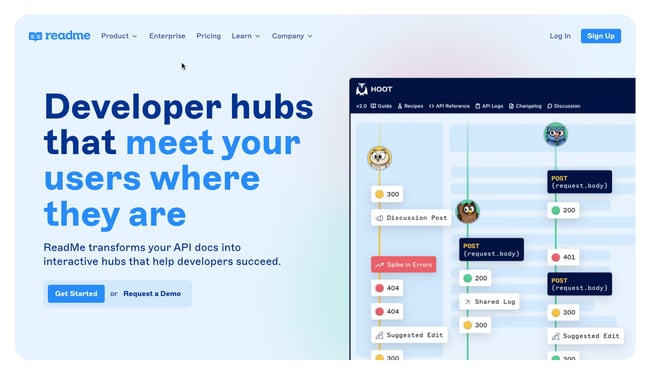 api documentation tool: ReadMe landing page includes video of Developer hub in action