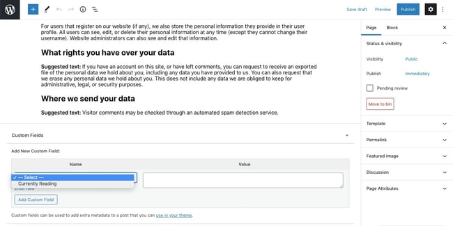Name field as drop-down list featuring the previously entered Custom Fields in wordpress dashboard