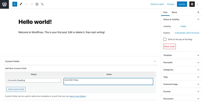 How to Use Custom Fields in WordPress: fill in name and value text fields