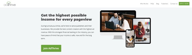 the homepage for the AdSense alternative adthrive