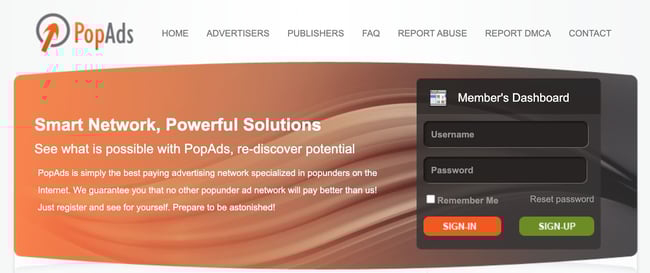 the homepage for the AdSense alternative popads