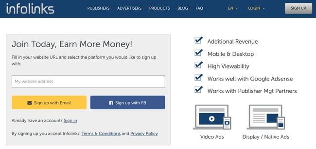 the homepage for the AdSense alternative infolinks