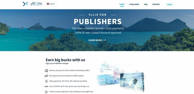 the homepage for the AdSense alternative ylliX