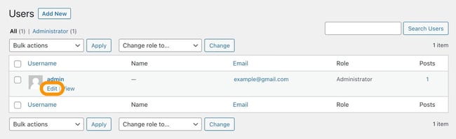 how to change password in wordpress: users screen in the wordpress dashboard