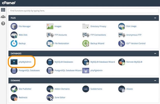 how to change password in wordpress: databases button in cPanel