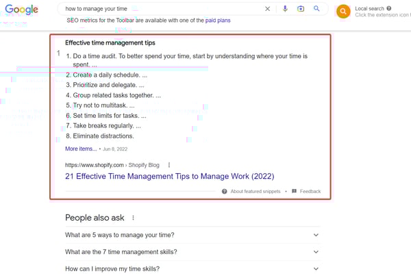 An example of a featured snippet in the list format.