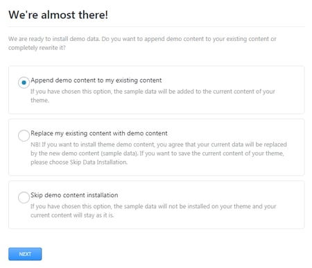 how to install monstroid themes, choose existing or demo content
