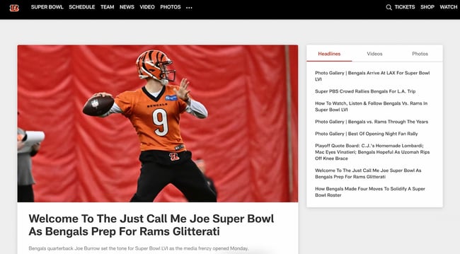 homepage of the orange website cincinnati bengals