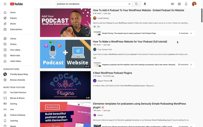 YouTube results for podcasting on WordPress shows videos that are about a year old on average
